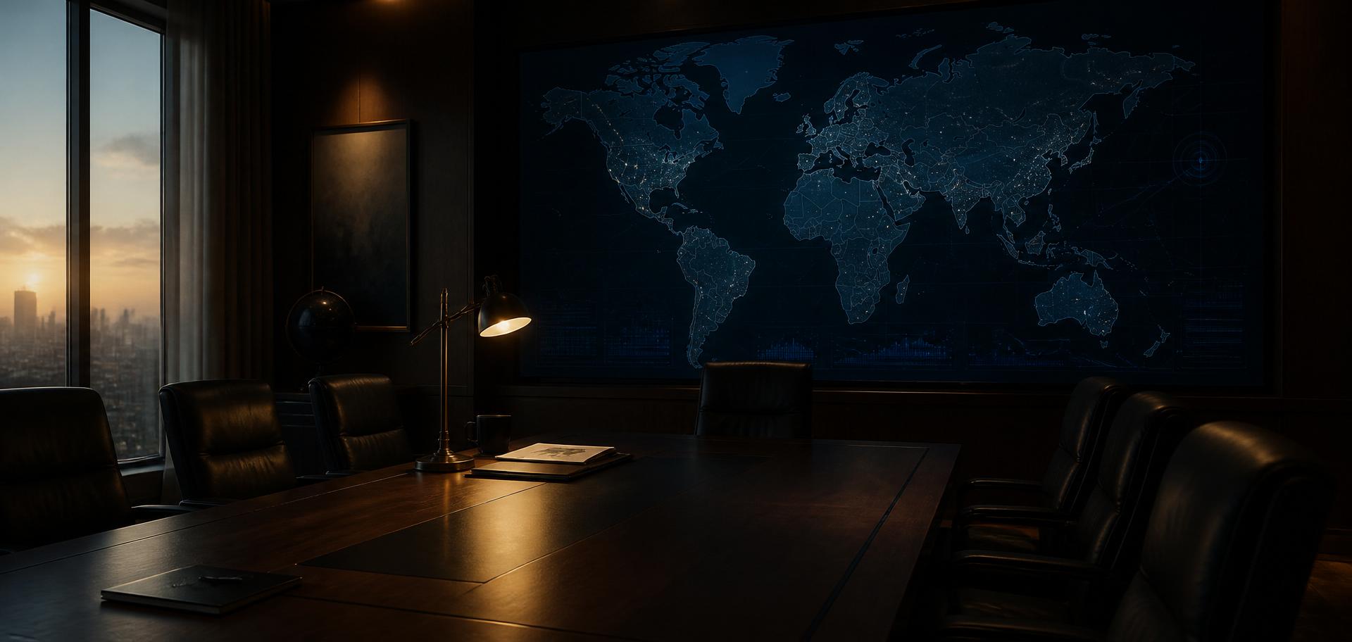 Executive briefing room with a global map at dawn
